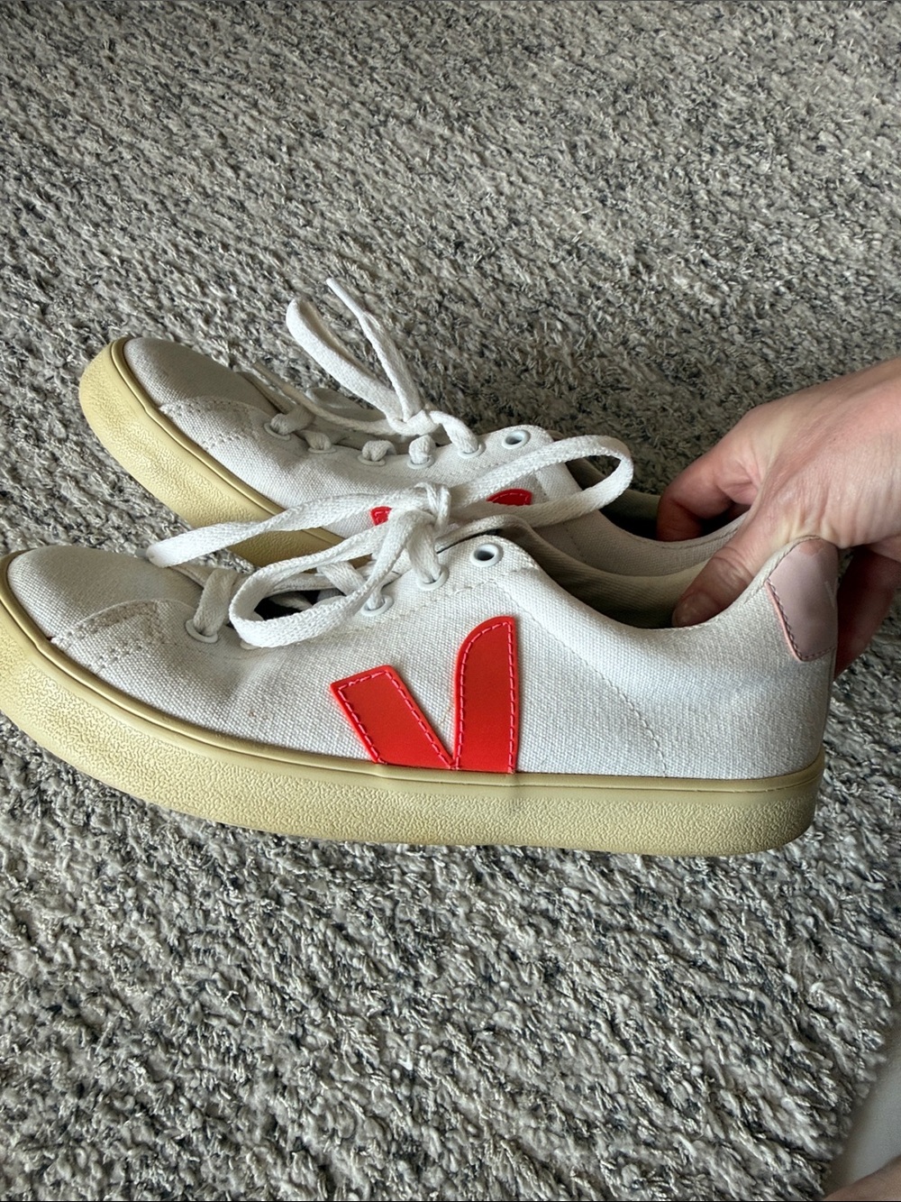 Veja White Campo Canvas Sneakers with Coral V Logo size 7